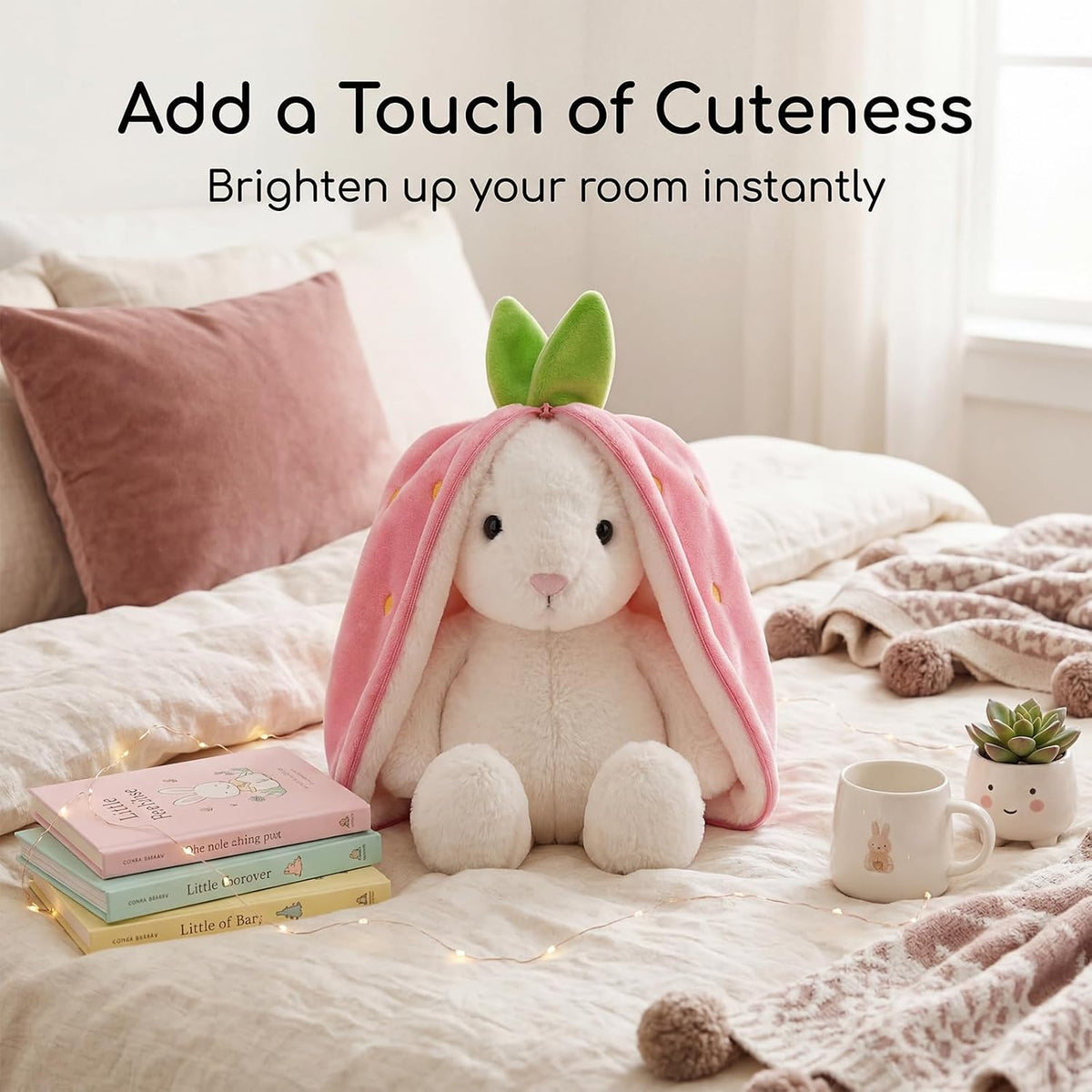 Freetoes Funny Strawberry Bunny Stuffed Animal,Strawberry Reversible Cuddle Bunnies Doll with Zipper Cute Soft Rabbit Toys Pillow,Kawaii Easter Bunny Plush Gifts or Valentines