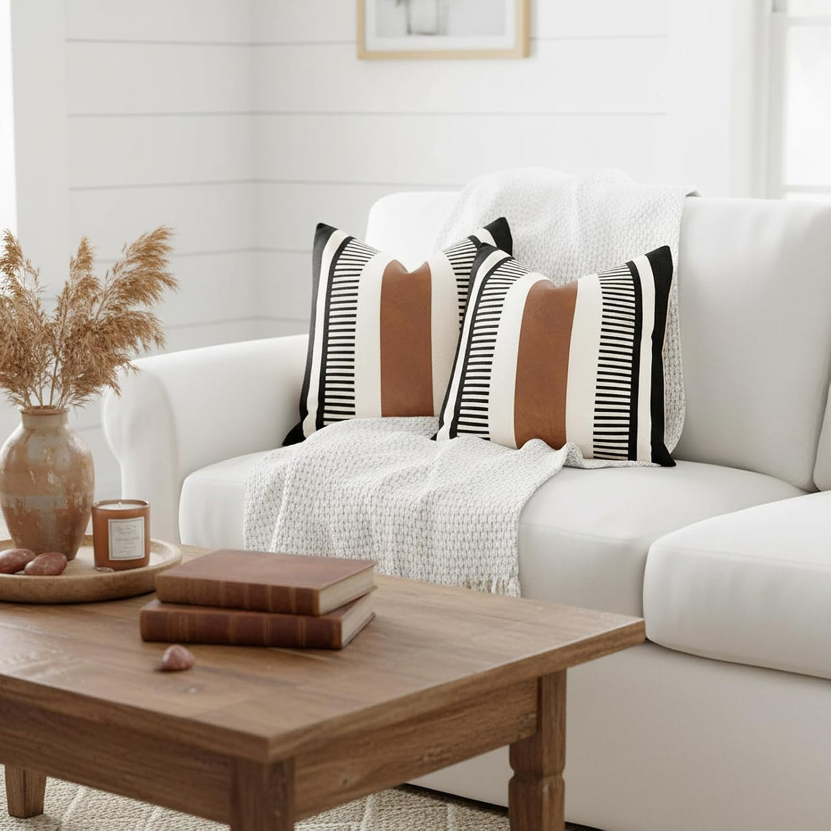 Decorative Striped Throw Pillow Cover 20x20 Inch Black White & Brown