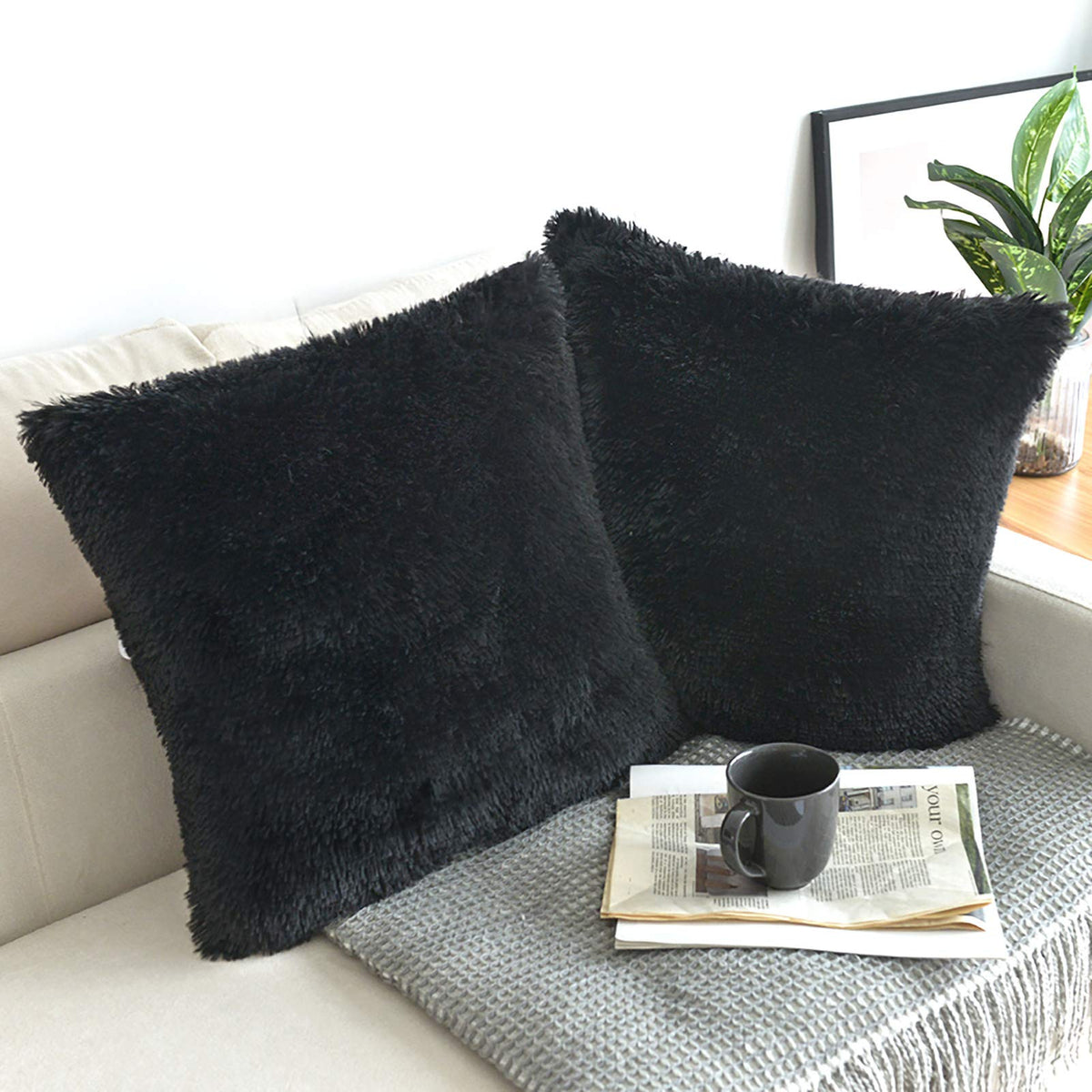 NordECO HOME Luxury Soft Faux Fur Fleece Cushion Cover Pillowcase Spring Decorative Throw Pillows Covers, No Pillow Insert, 18" x 18" Inch, White, 2 Pack