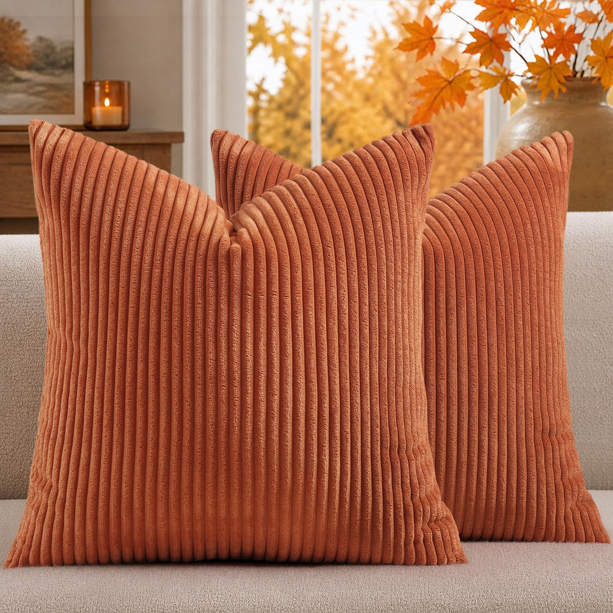 Mecatny Corduroy Fall Decorative Throw Pillow Covers 18x18 Set of 2 Khaki