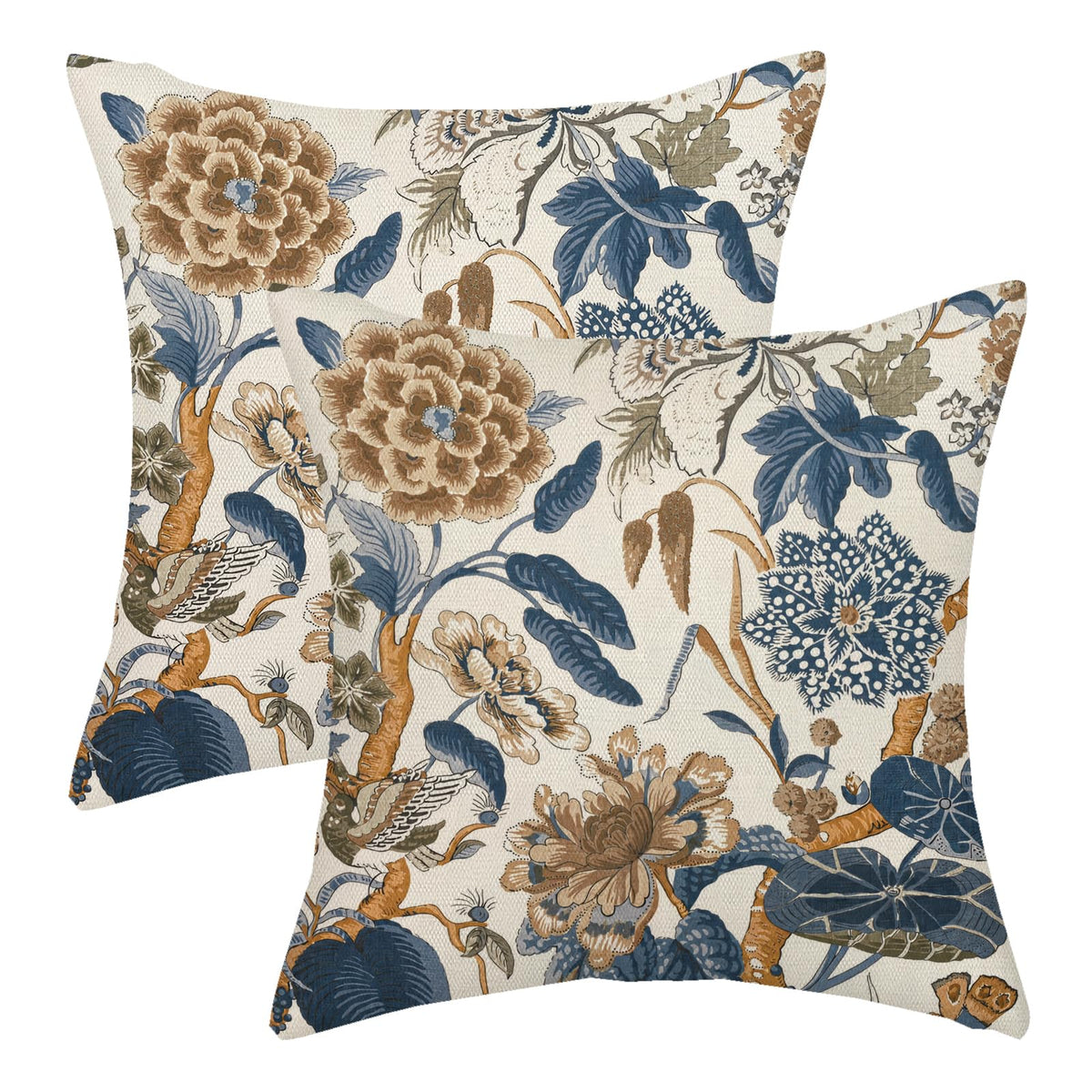 Chinoiserie Pillow Covers 18x18 Set of 2 Blue Green Bird Floral Throw Pillows Vintage Blue Flowers Decorations Outdoor Pillowcase Chinoiserie Decor Farmhouse Linen Cushion Case for Couch Home