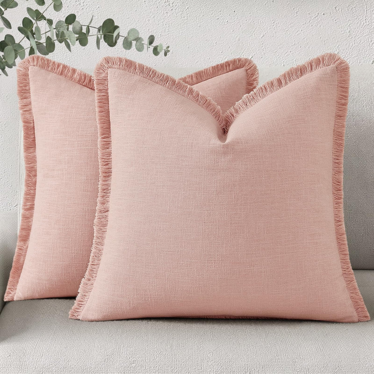 decorUhome Linen Fringe Natural Beige Throw Pillow Covers 18x18 Set of 2