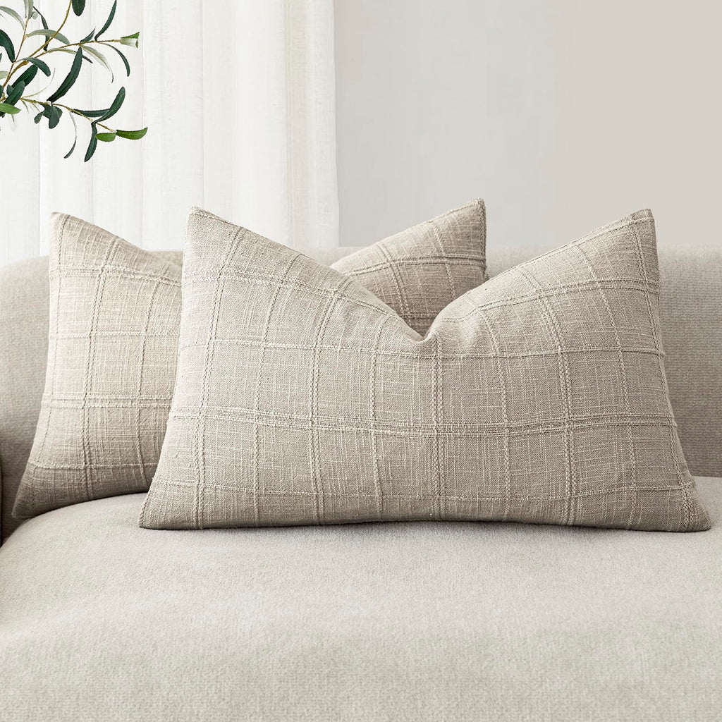 Foindtower Boho Linen Check Decorative Throw Pillow Cover 20×20 Olive Green