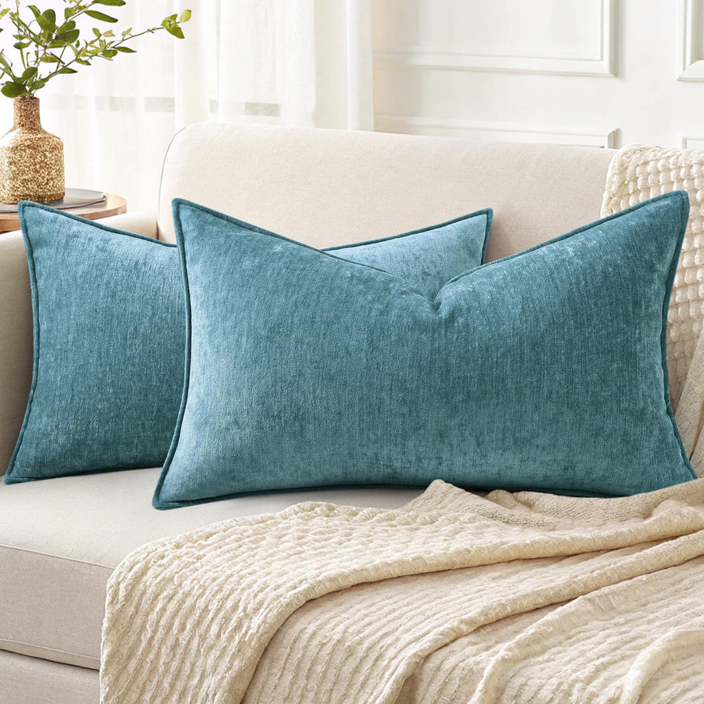 decorUhome Chenille Beige Velvet Throw Pillow Covers 18x18 Set of 2