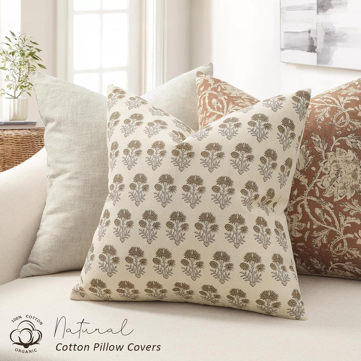Farmhouse Floral Pillow Covers 18x18 Set of 2, Country Botanical Throw Pillow Cover for Sofa Couch Bed Living Room, Rustic Vintage Flower Cushion Covers Cottage Home Decor,Vintage Walnut