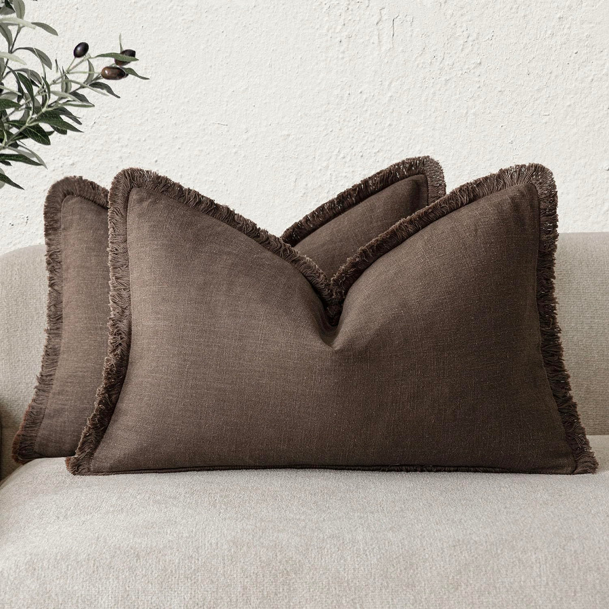 Foindtower Decorative Linen Fringe Throw Pillow Covers 20×20 Inch,Beige