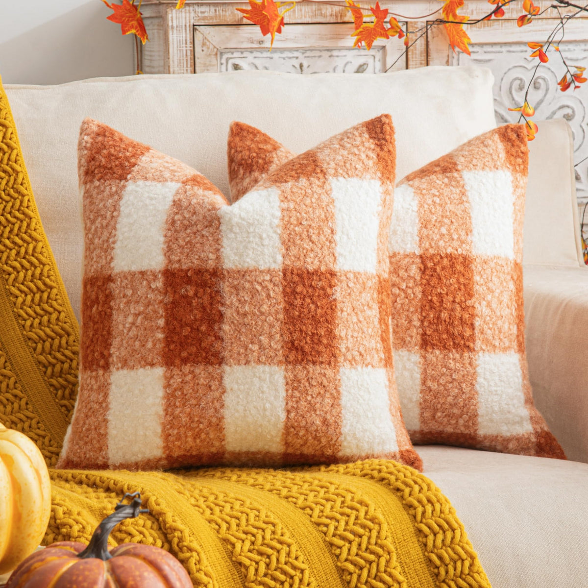 AQOTHES Plaid Fall Throw Pillow Covers Orange 18x18 Inch Set of 2