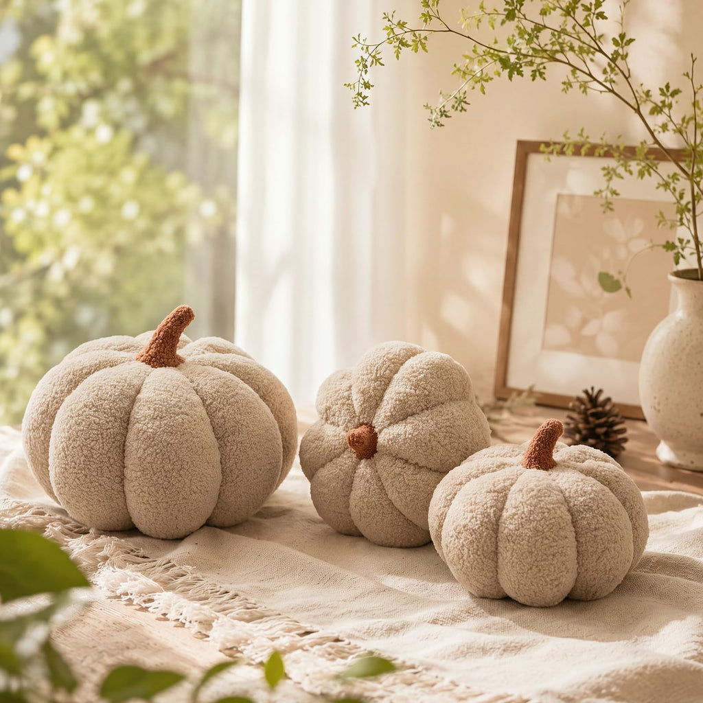 Juexica 3 Pcs Stuffed Pumpkin Pillows Fall Decor Cushions,Cool Neutral