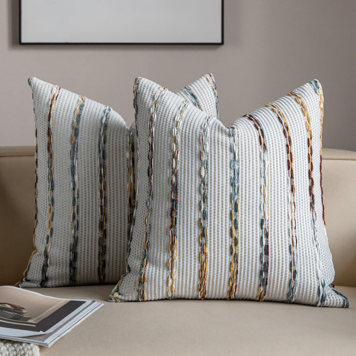 Caflife Beige Striped Chenille Boho Throw Pillow Covers 18x18 Inch Set of 2