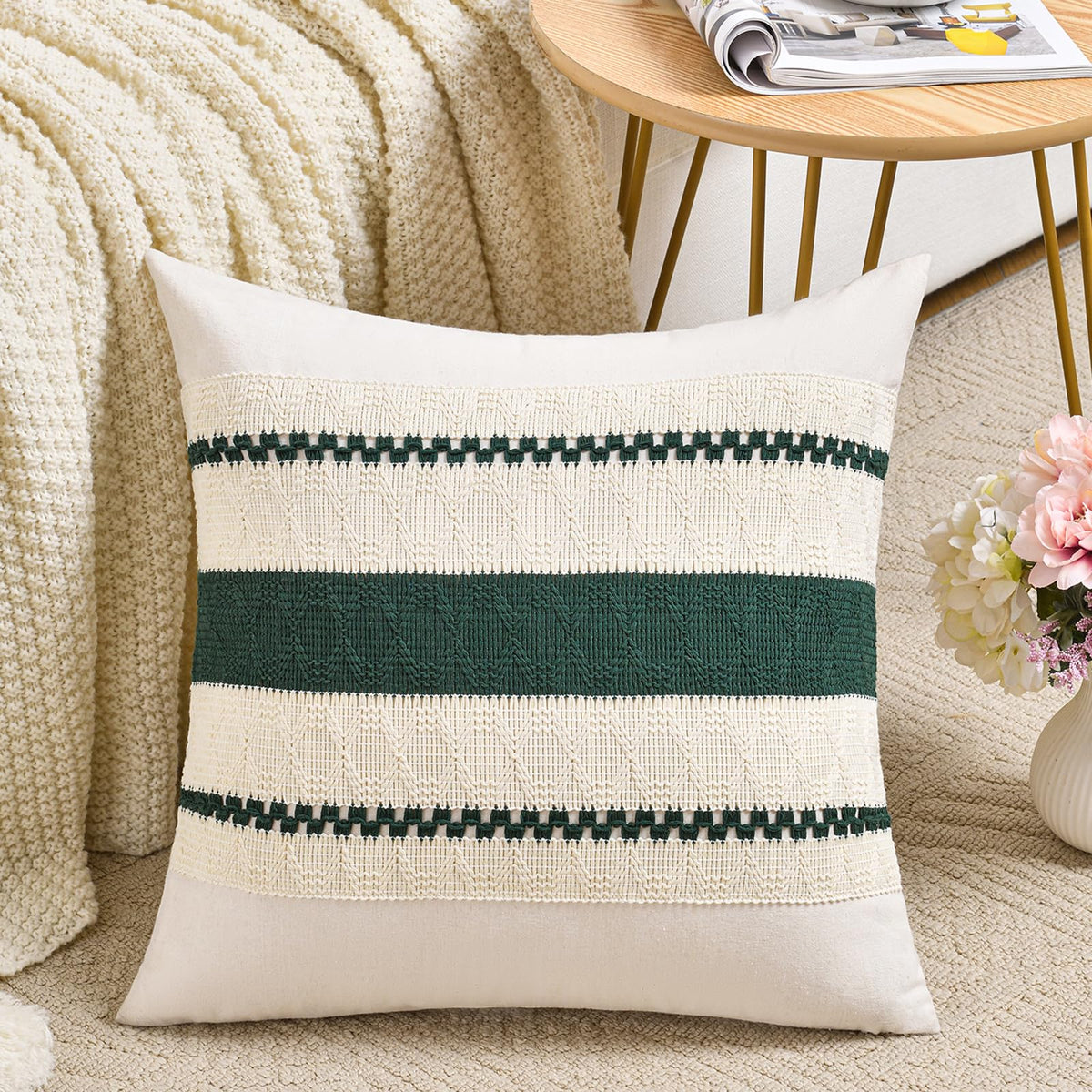 Fancy Homi Set of 1 Sage Green Boho Lumbar Decorative Throw Pillow Covers 12x20 Inch for Living Room Bedroom Couch Bed Chair, Rustic Retro Cushion Case, Bohemian Room Home Decor