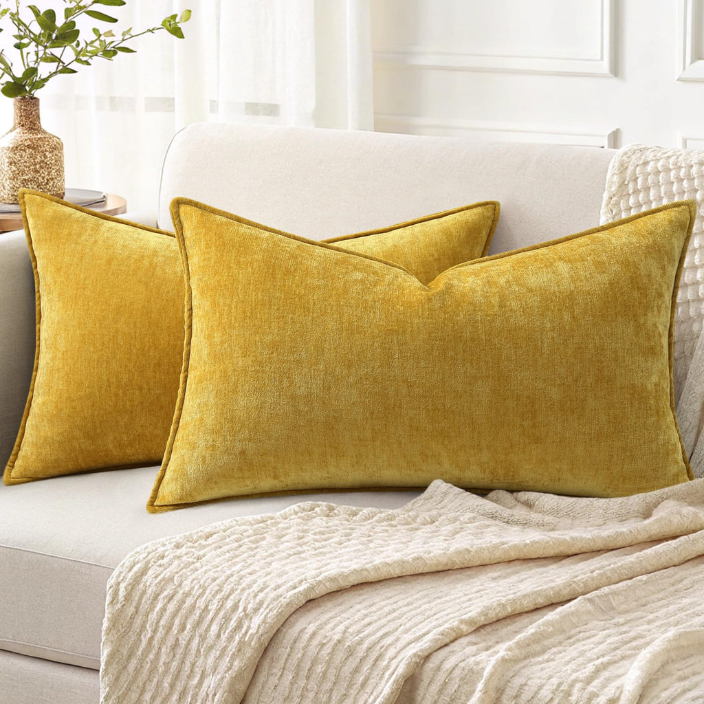 decorUhome Chenille Beige Velvet Throw Pillow Covers 18x18 Set of 2