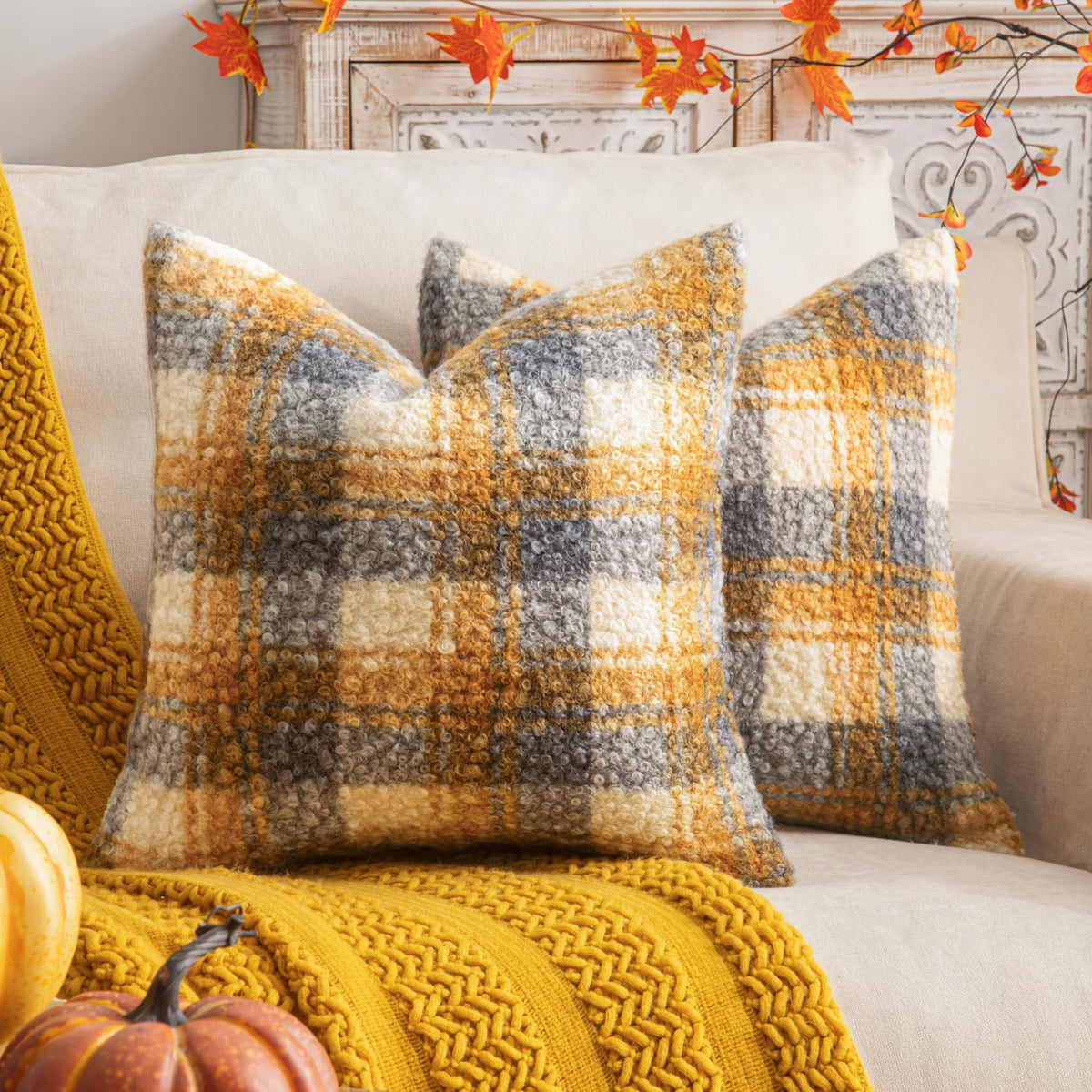 AQOTHES Plaid Fall Throw Pillow Covers Orange 18x18 Inch Set of 2