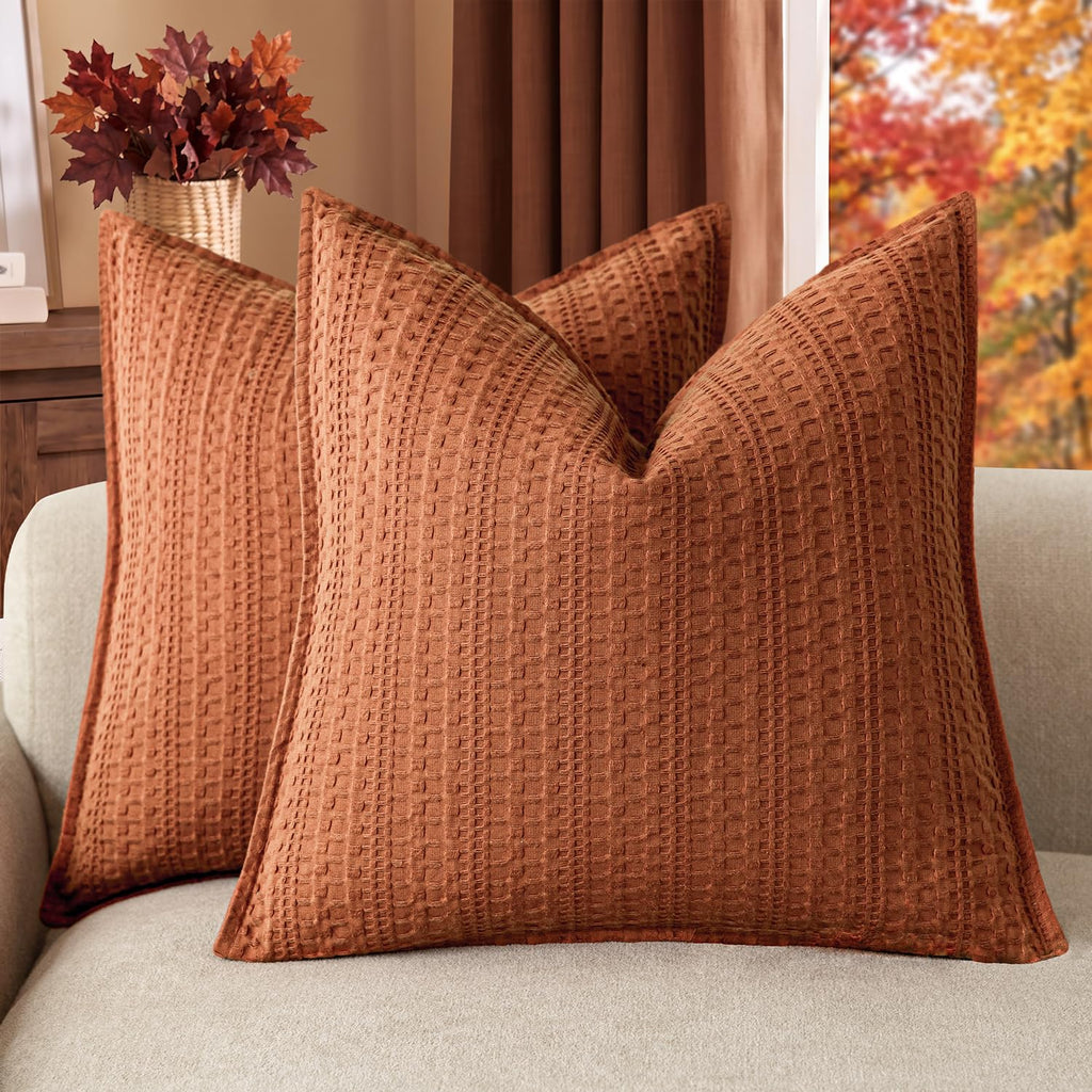 Foindtower Set of 2 Decorative Cotton Waffle Weave Textured Throw Pillow Covers Euro Sham Cushion Covers Accent European Pillowcase For Bed Couch Sofa Bedroom Living Room Home Decor 18×18 Inch Oatmeal