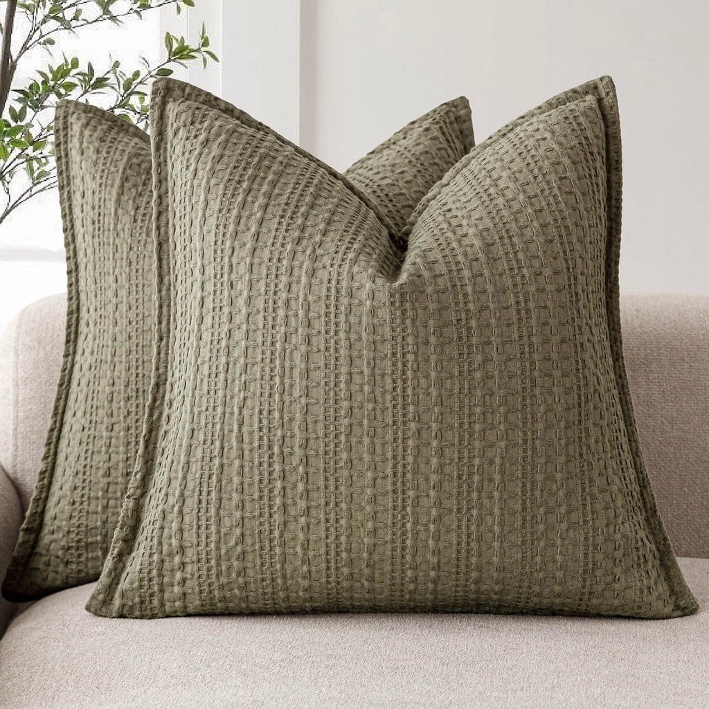 Foindtower Set of 2 Decorative Cotton Waffle Weave Textured Throw Pillow Covers Euro Sham Cushion Covers Accent European Pillowcase For Bed Couch Sofa Bedroom Living Room Home Decor 18×18 Inch Oatmeal