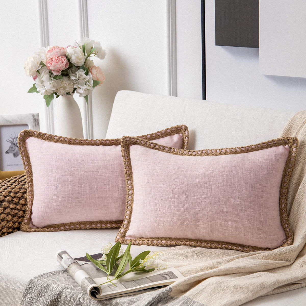 Phantoscope Pack of 2 Farmhouse Decorative Solid Throw Decorative Pillow Cover Burlap Linen Trimmed Tailored Edges Navy Blue 18 x 18 inches, 45 x 45 cm