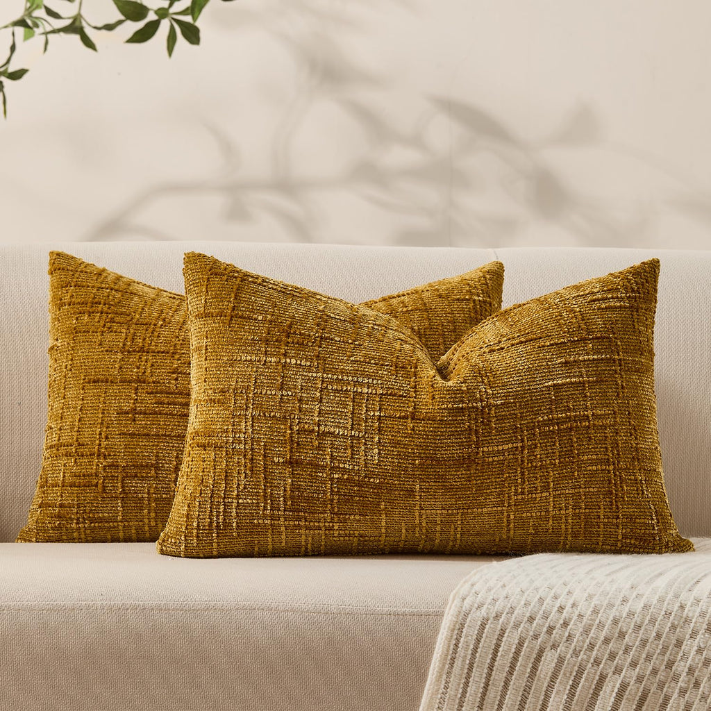 Allorry Decorative Couch Throw Pillow Covers 18x18 Set of 2 Camel Soft Chenille Pillow Covers Neutral Textured Boho Cushion Covers for Modern Farmhouse Sofa Bedroom Living Room Decor SY008-D18