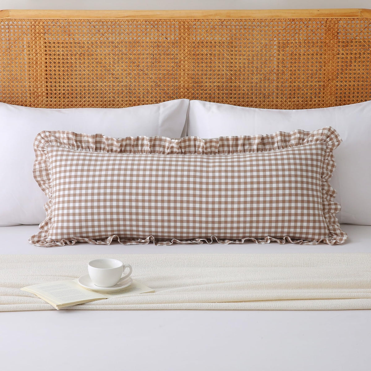 Gingham Throw Pillow Covers 18x18, Warm Taupe/White, Ruffle Trim