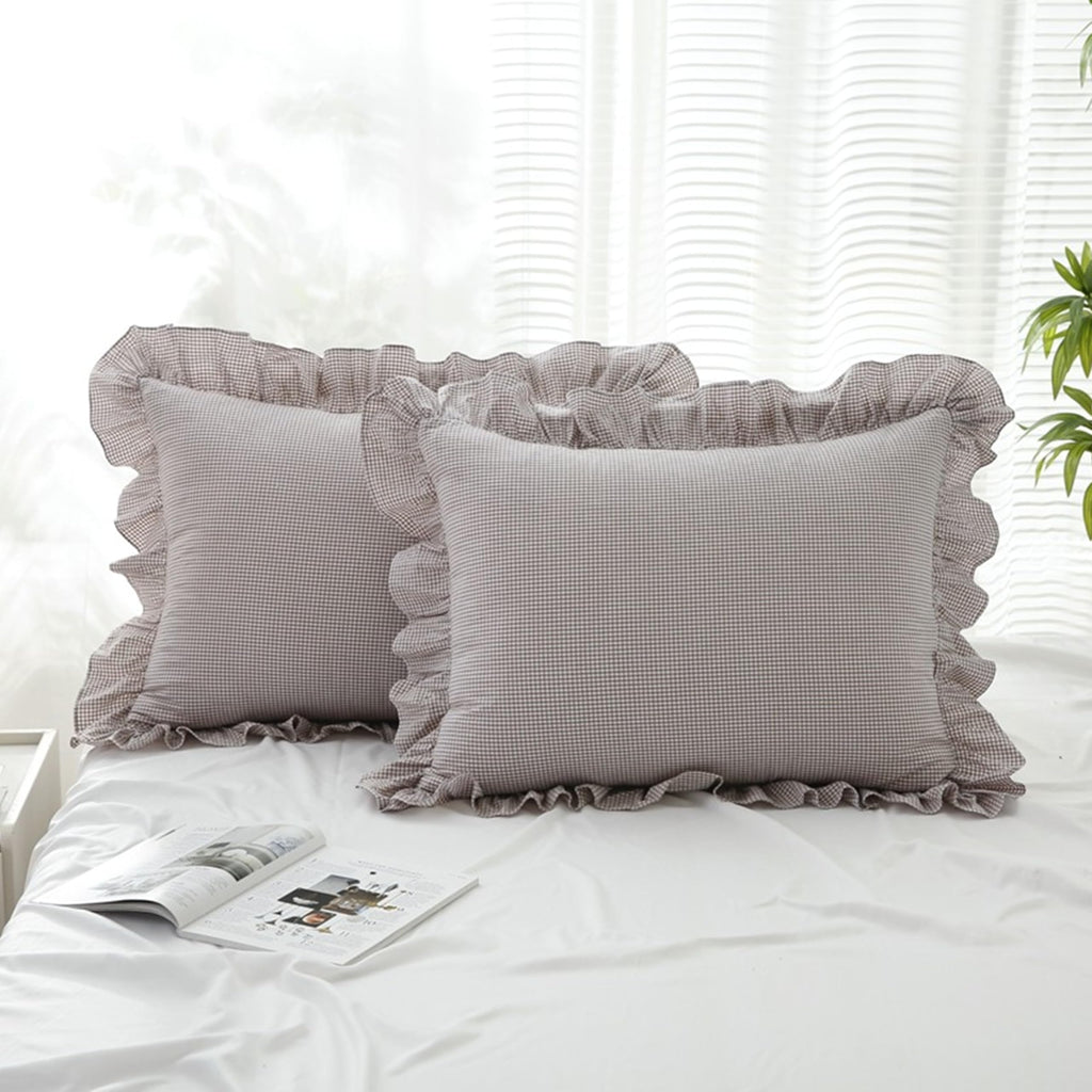 Gingham Throw Pillow Covers 18x18, Warm Taupe/White, Ruffle Trim