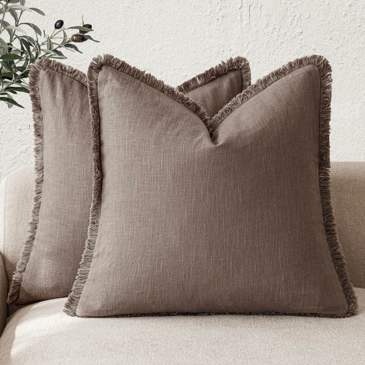 Foindtower Decorative Linen Fringe Throw Pillow Covers 18×18 Olive Green