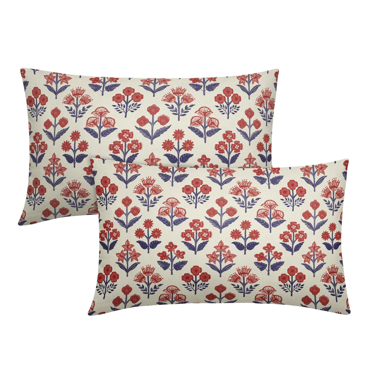 Blue Green Block Print Pillow Covers 18x18 Inch Set of 2, Vintage Floral Spring Decorative Throw Pillow Cases Boho Cushion Covers Rustic Decoration Gift Farmhouse Sofa Couch Bed Decor