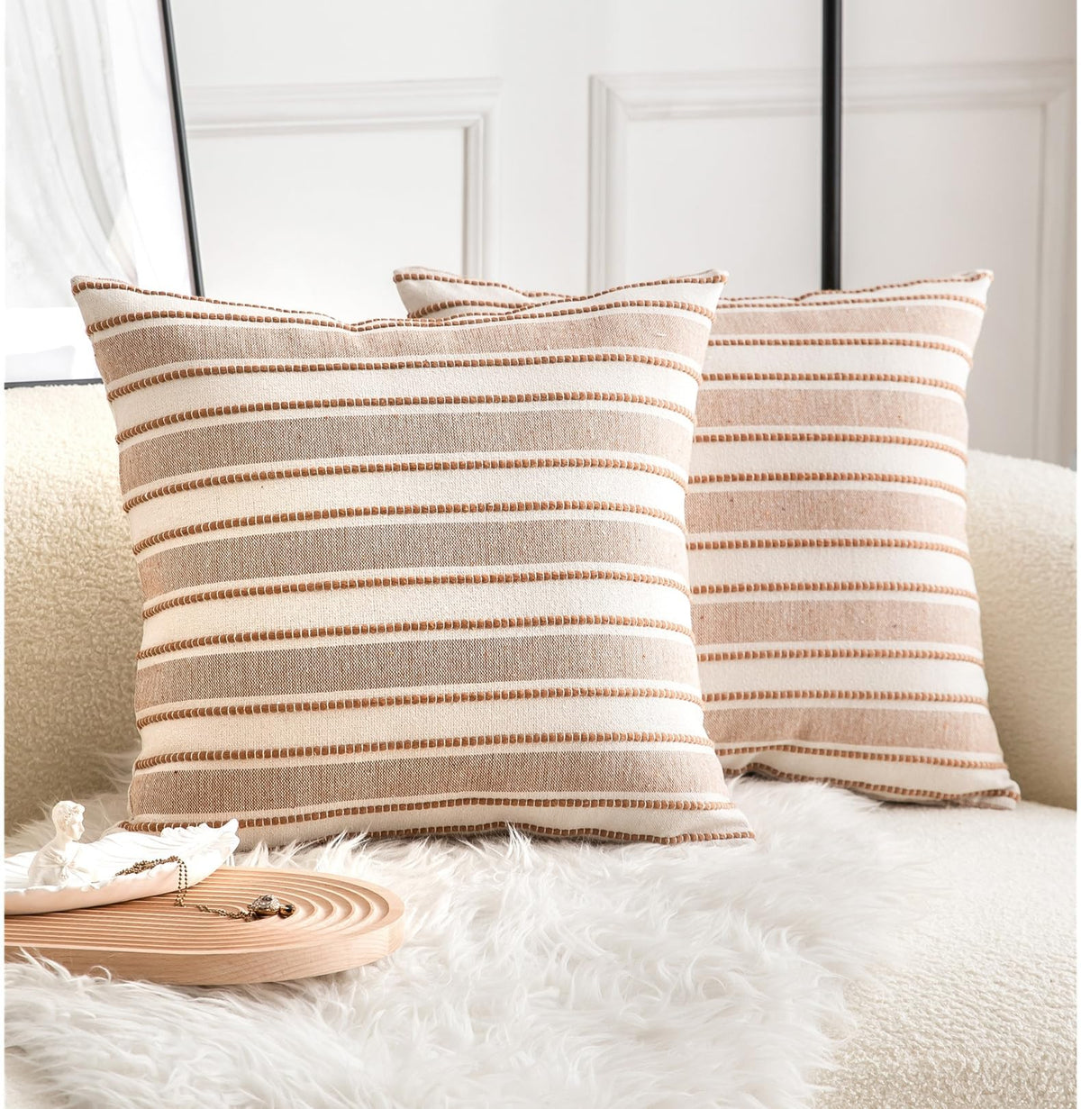 Cethom Decorative Boho Throw Pillow Covers, Farmhouse Textured Pillow Case, 20 x 20 Inch Set of 2, Chair Sofa Bedroom Living Room Home Decor Couch Cushion Case, Classic Blue and Beige Striped