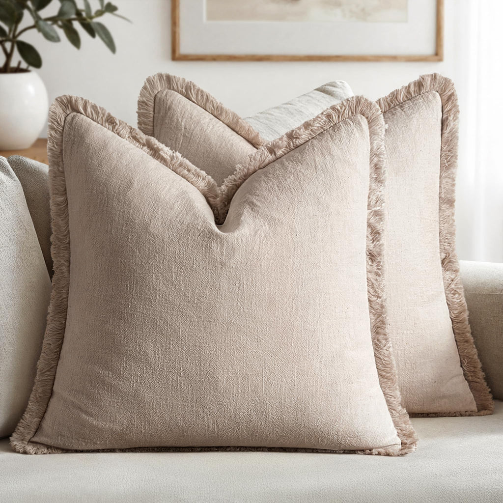 MIULEE Linen Fringe Decorative Throw Pillow Covers Natural Beige 20x20