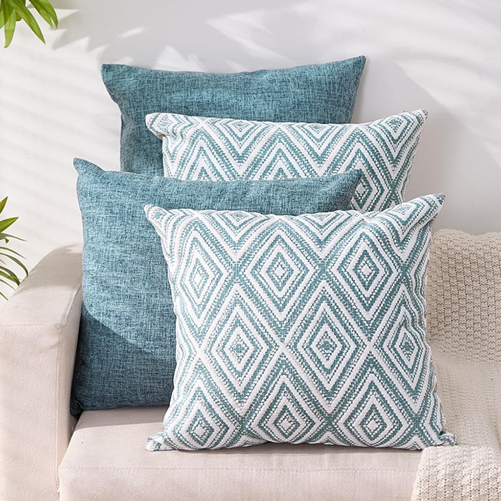 HPUK Throw Pillow Covers 18x18 Set of 4, Blue Patterned & Solid Covers