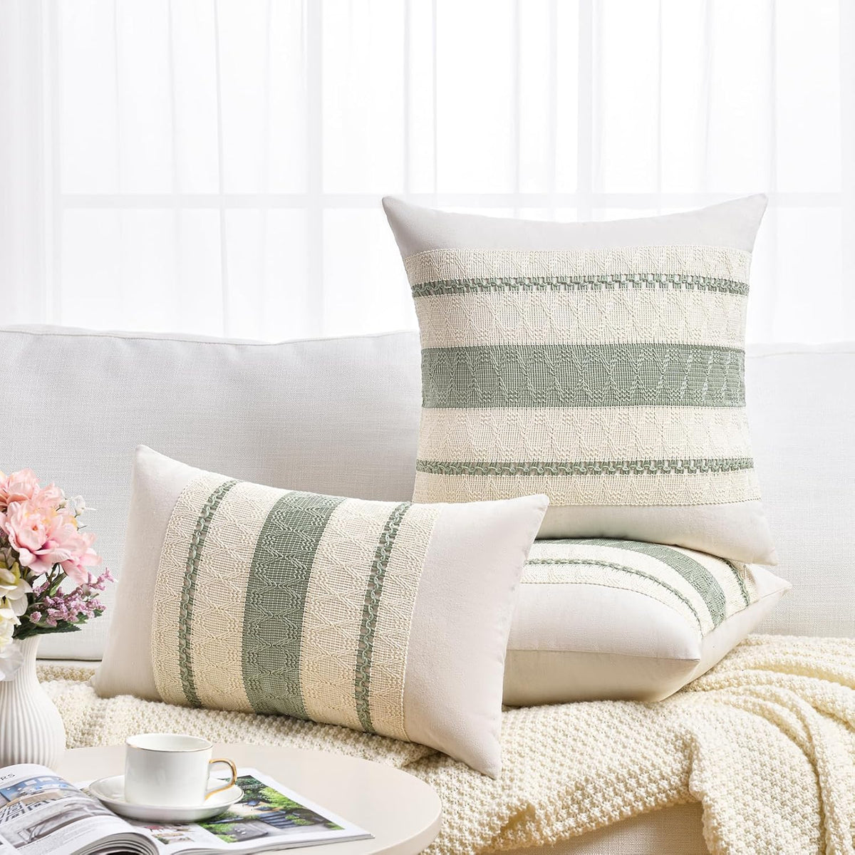 Fancy Homi Set of 1 Sage Green Boho Lumbar Decorative Throw Pillow Covers 12x20 Inch for Living Room Bedroom Couch Bed Chair, Rustic Retro Cushion Case, Bohemian Room Home Decor