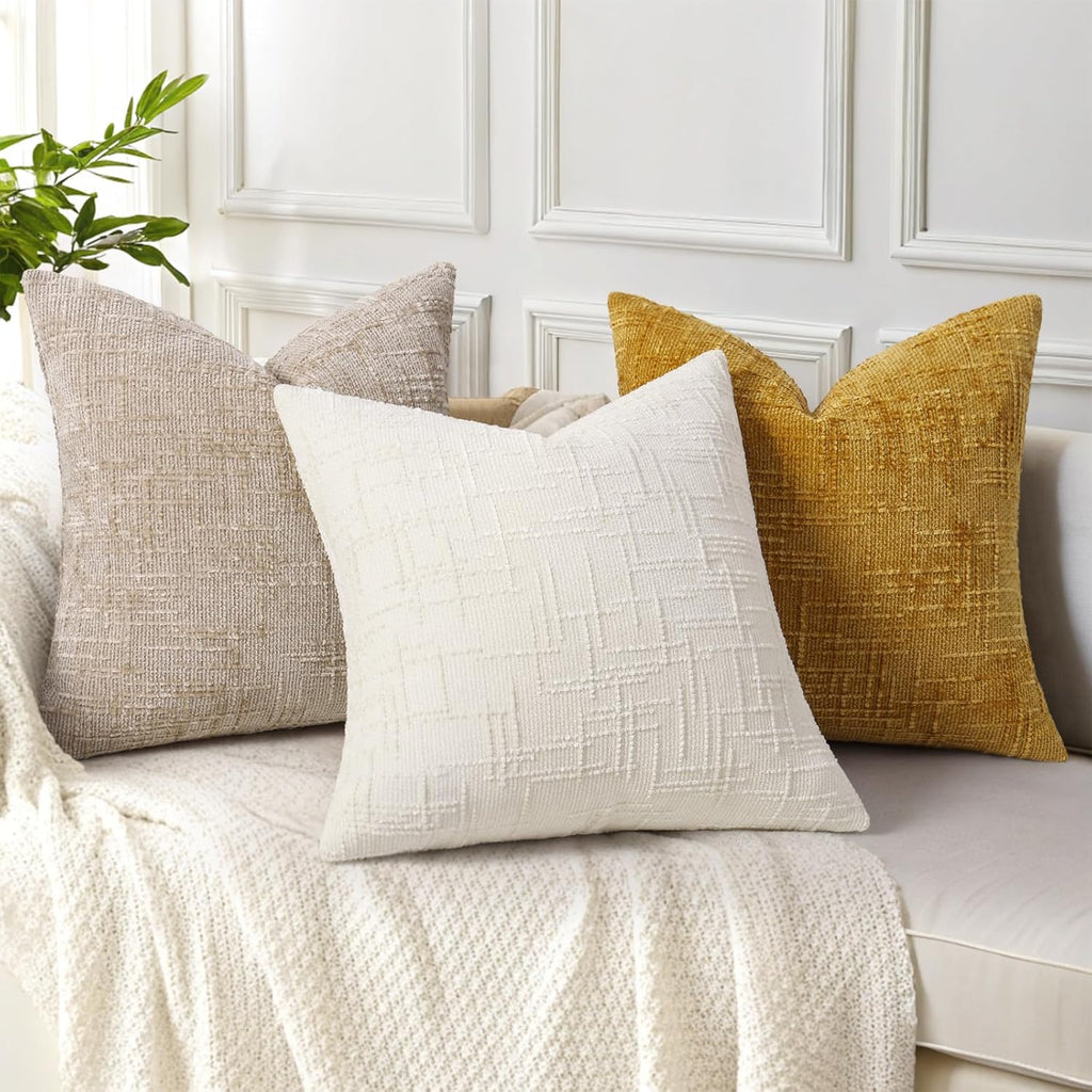 decorUhome Textured Chenille Throw Pillow Covers 18x18 Set of 2 Cream White