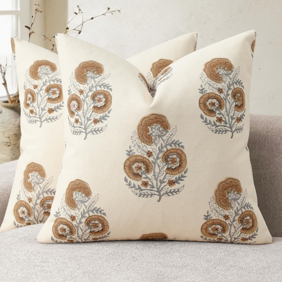 Vintage Floral Print Fall Pillow Covers 20x20 Set of 2 Patterned Accent Decorative Cushion Covers Modern Farmhouse Throw Pillow Covers for Sofa Couch Chair Bed Living Room Home Decor, Light Brown