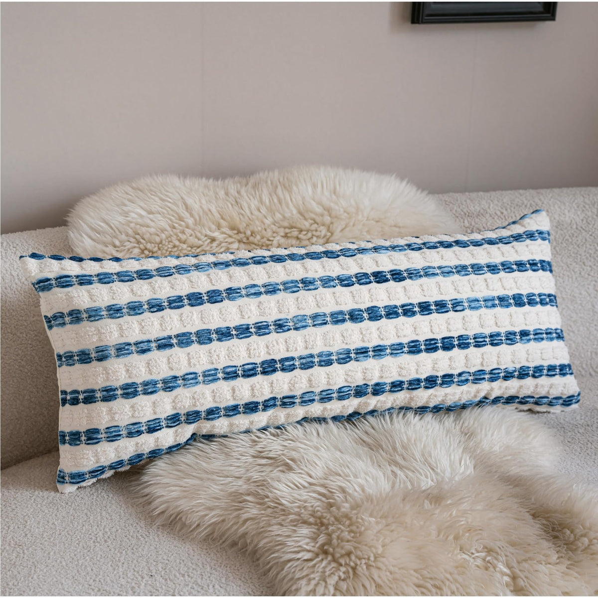Caflife Beige Striped Chenille Boho Throw Pillow Covers 18x18 Inch Set of 2
