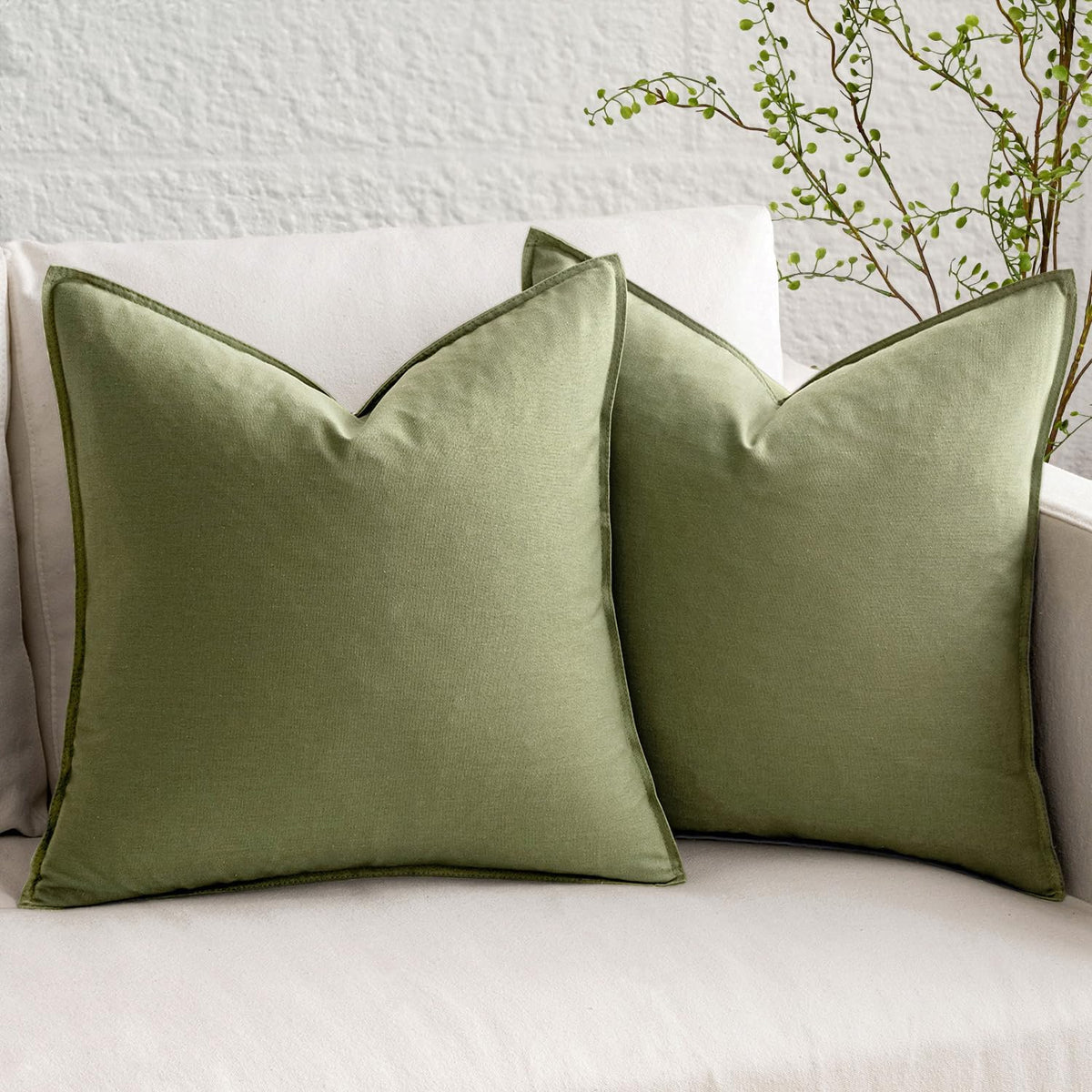 MIULEE Pack of 2 Decorative Linen Pillow Covers 18x18 Inch Olive Green