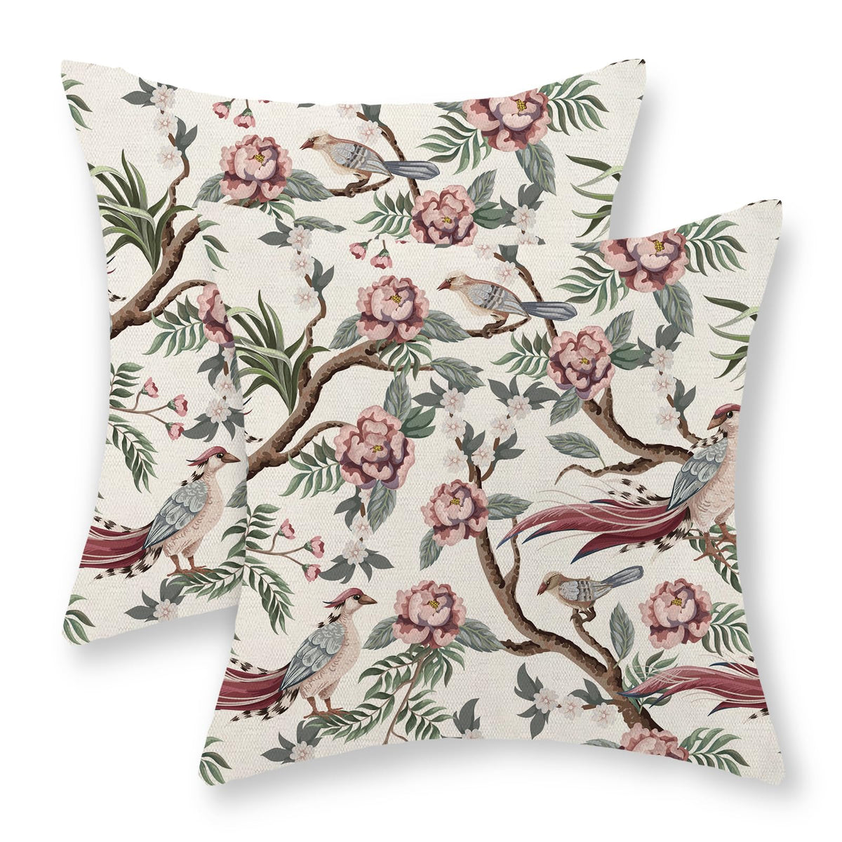 Chinoiserie Pillow Covers 18x18 Set of 2 Blue Green Bird Floral Throw Pillows Vintage Blue Flowers Decorations Outdoor Pillowcase Chinoiserie Decor Farmhouse Linen Cushion Case for Couch Home