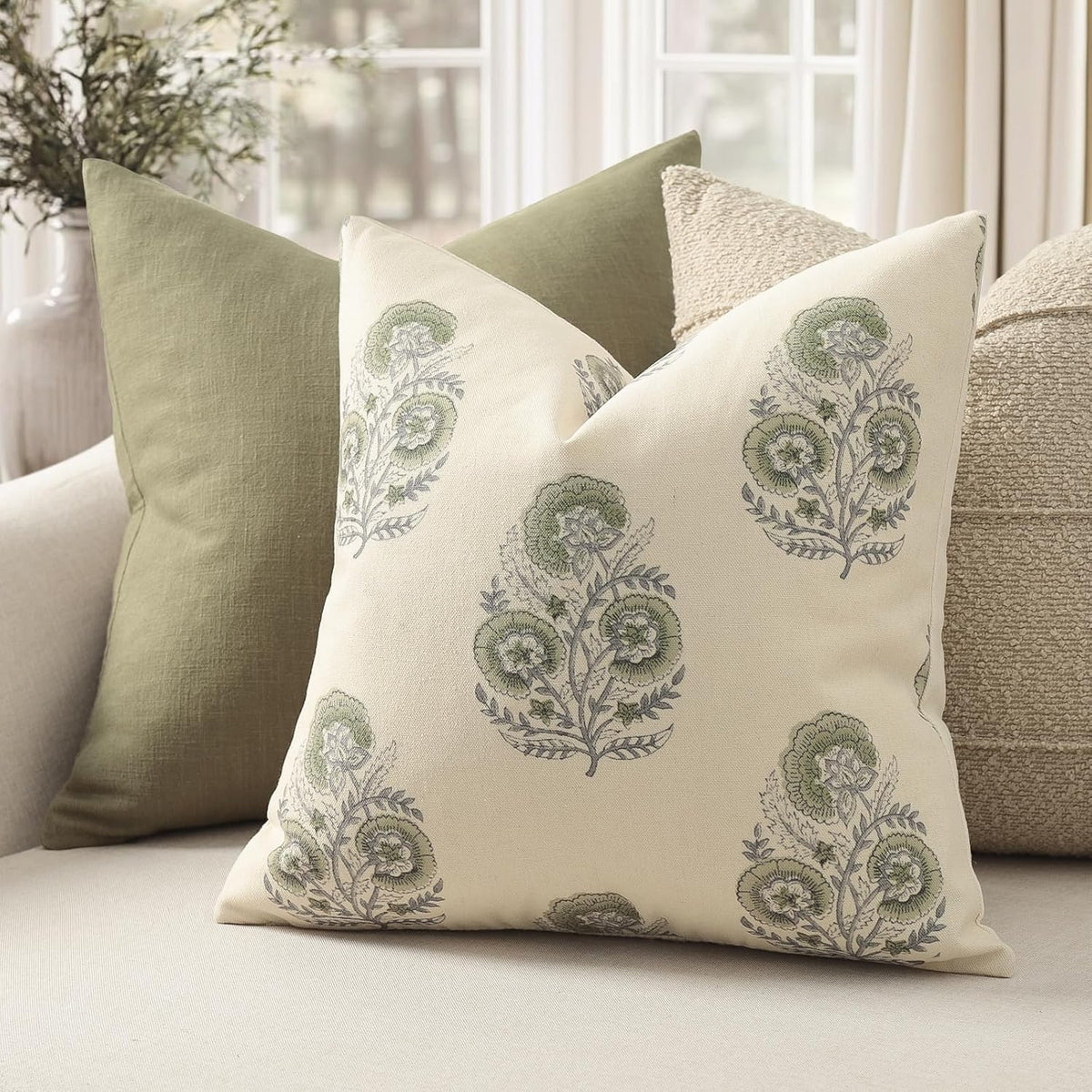 YCOLL Vintage Floral Print Pillow Covers 18x18 Set of 2 Patterned Accent Decorative Cushion Covers Modern Farmhouse Throw Pillow Covers for Sofa Couch Chair Bed Living Room Home Decor, Sage Green