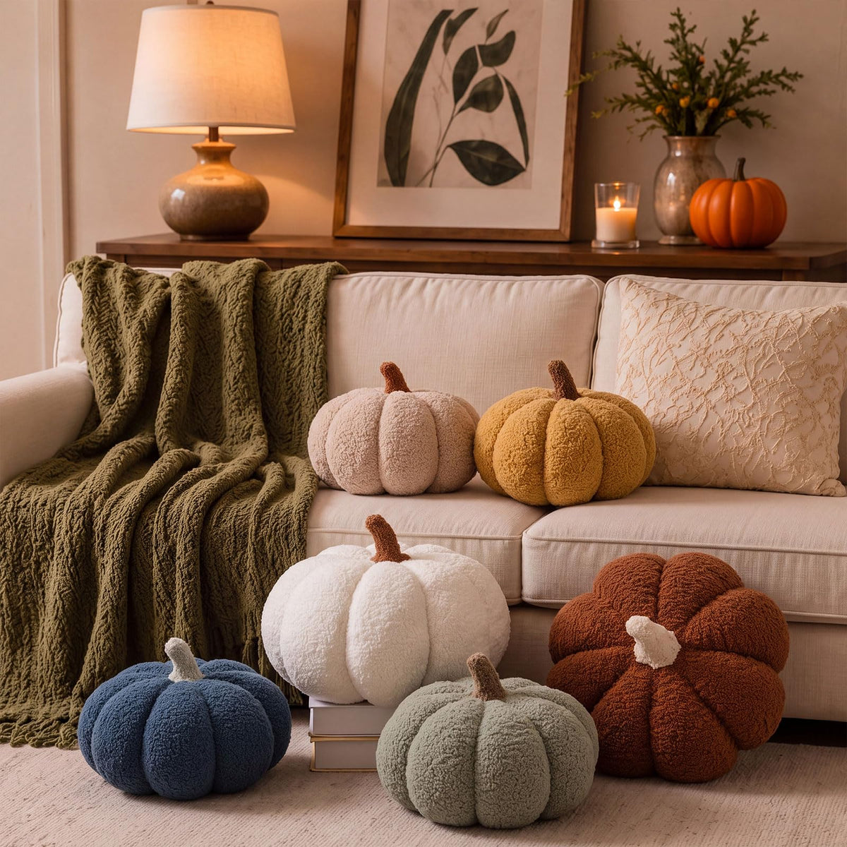 Juexica 3 Pcs Stuffed Pumpkin Pillows Fall Decor Cushions,Cool Neutral