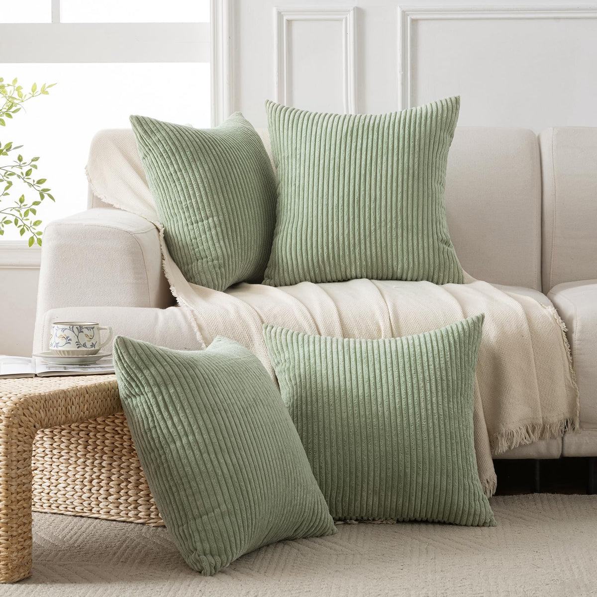 Volcanics Set of 4 Neutral Grey Corduroy Couch Throw Pillow Covers 18x18 in