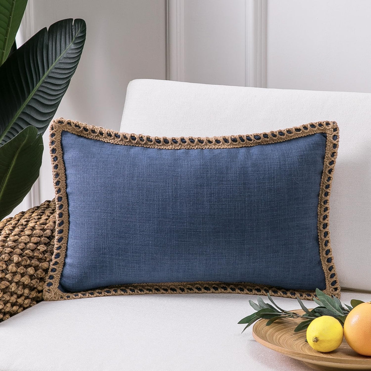 Phantoscope Pack of 2 Farmhouse Decorative Solid Throw Decorative Pillow Cover Burlap Linen Trimmed Tailored Edges Navy Blue 18 x 18 inches, 45 x 45 cm
