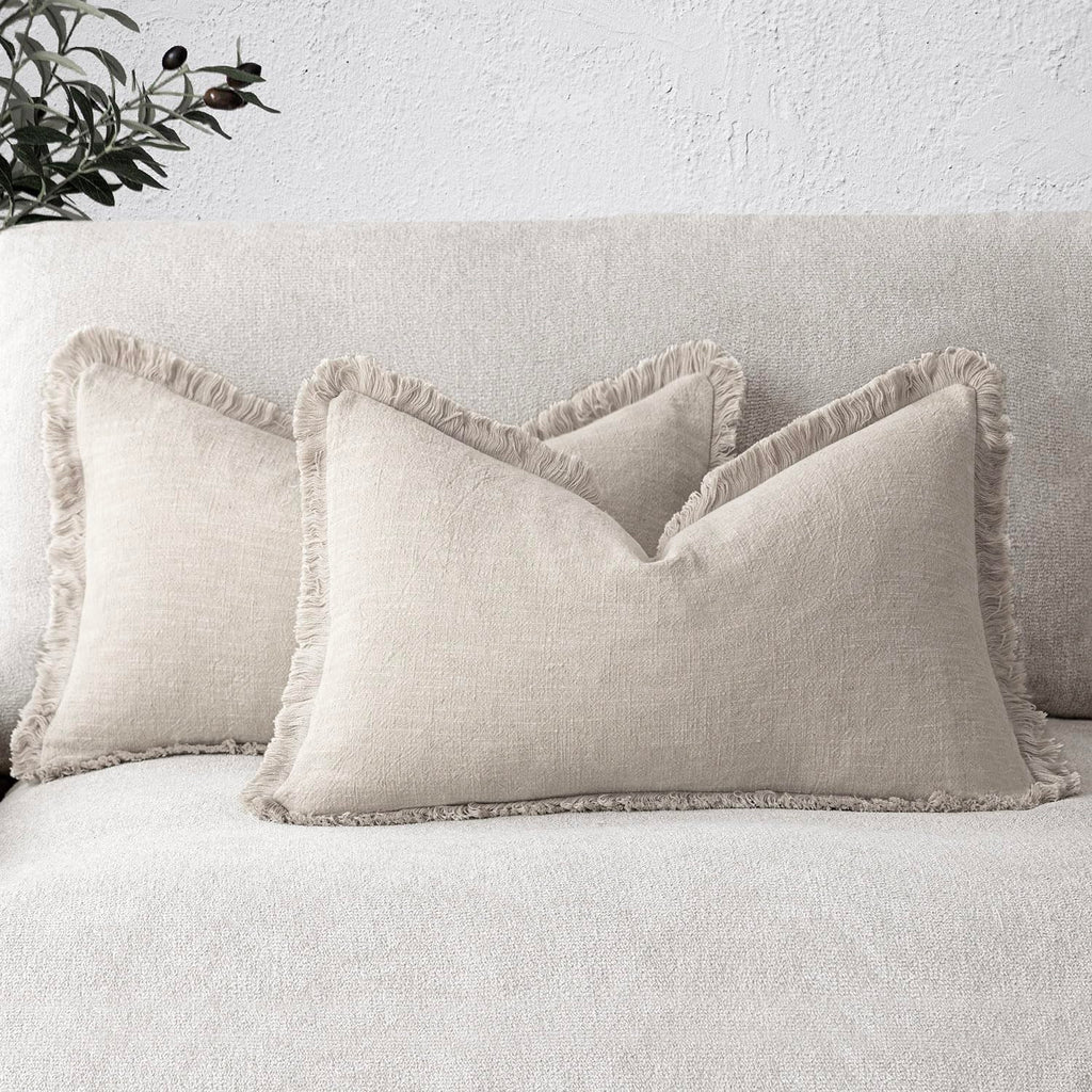 Foindtower Decorative Linen Fringe Throw Pillow Covers 20×20 Inch,Beige