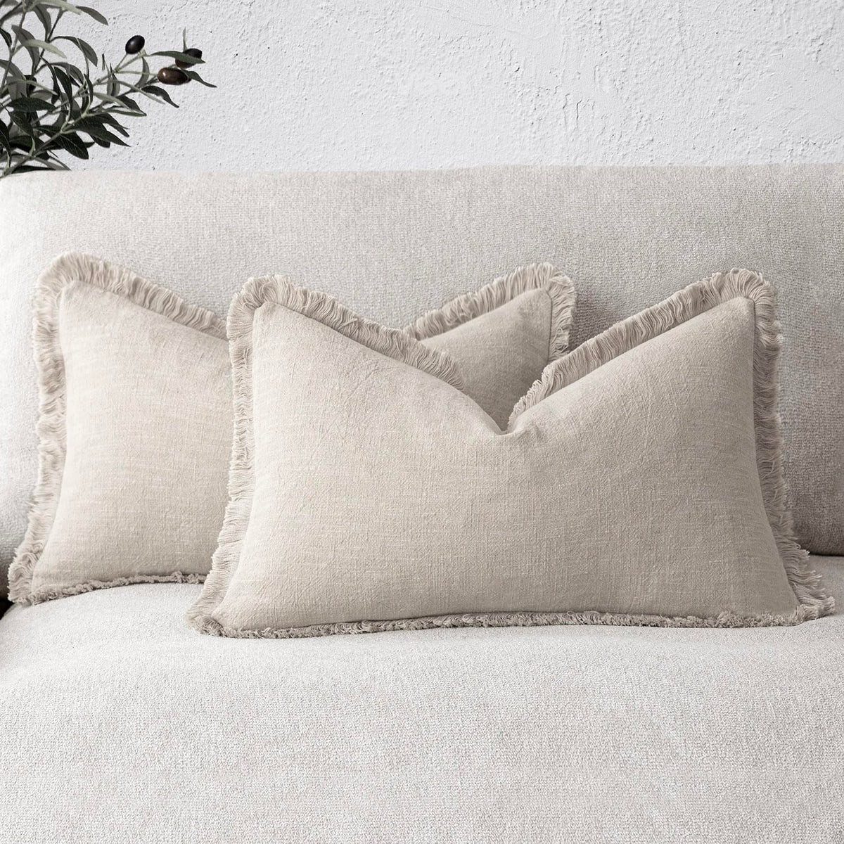 Foindtower Decorative Linen Fringe Throw Pillow Covers 18×18 Olive Green