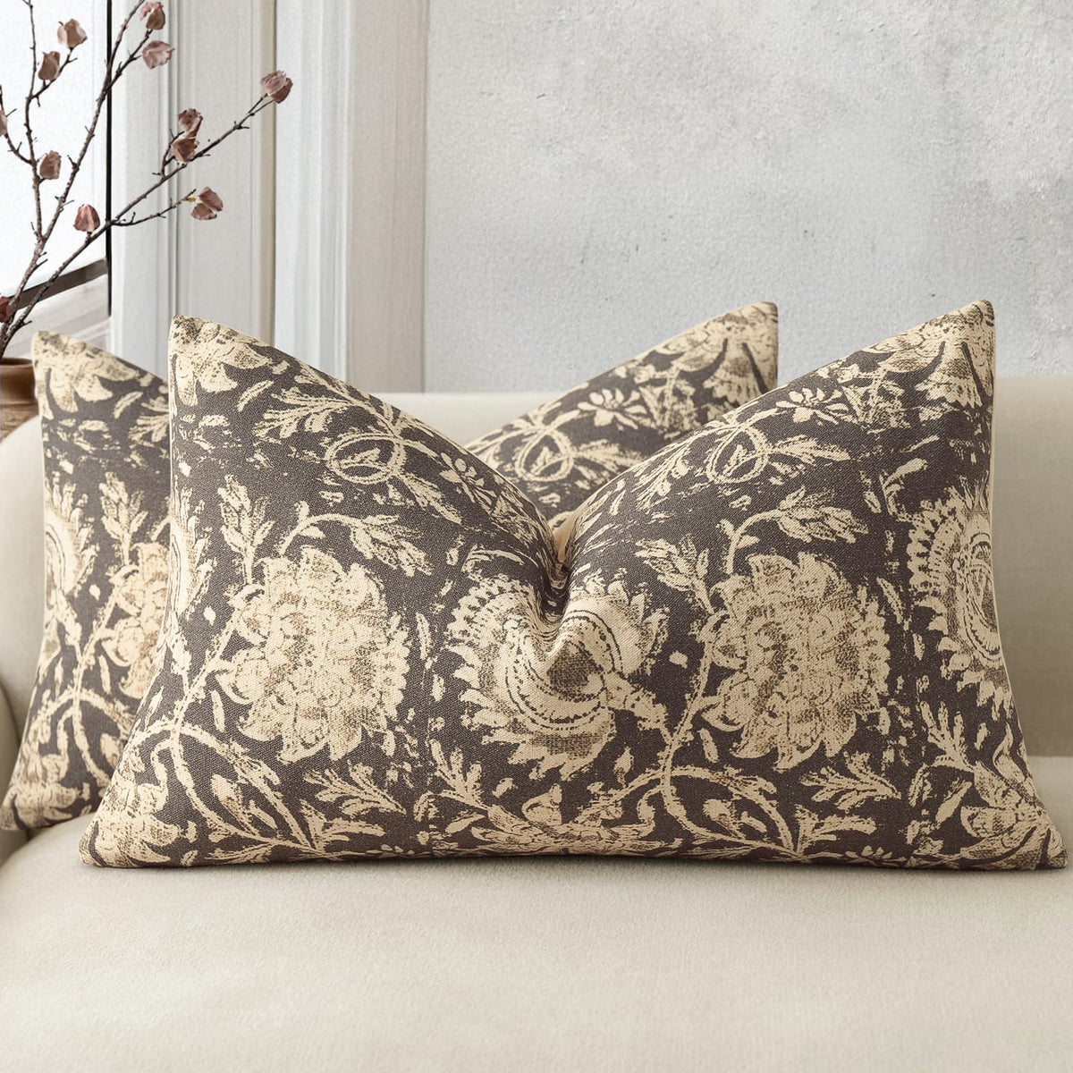 Vintage Floral Print Throw Pillow Covers 20x20 Set of 2 Neutral Modern Farmhouse Pillowcase Accent Decorative Cushion Covers Boho Home Decor for Couch Sofa Chair Bed Living Room, Olive Green