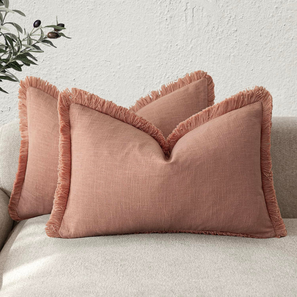 Foindtower Decorative Linen Fringe Throw Pillow Covers 20×20 Inch,Beige