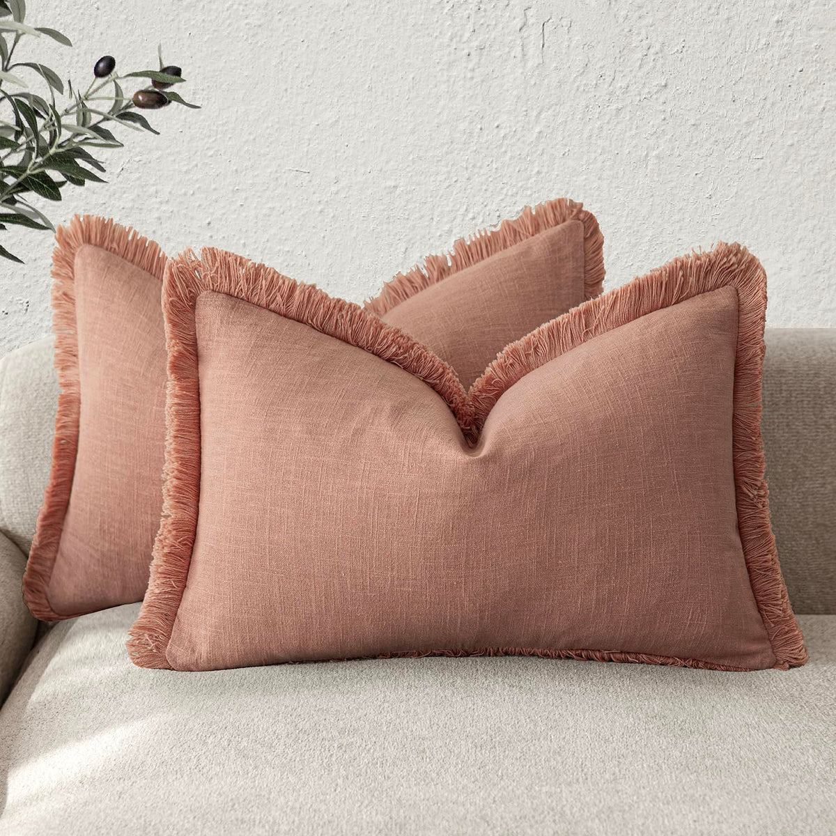 Foindtower Decorative Linen Fringe Throw Pillow Covers 20×20 Inch,Beige