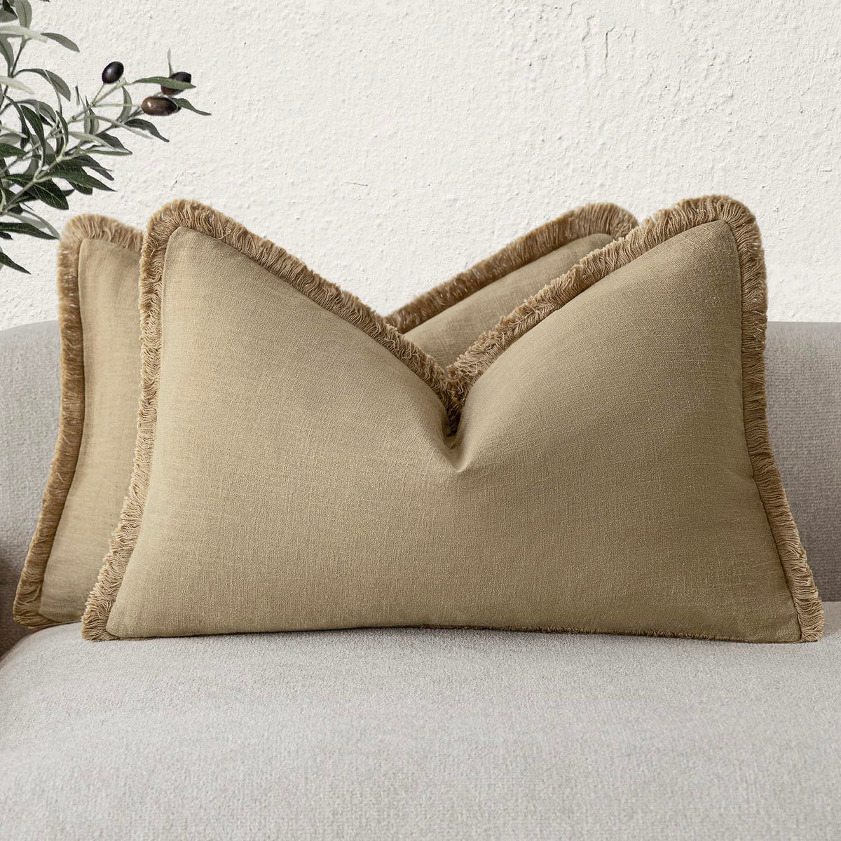 Foindtower Decorative Linen Fringe Throw Pillow Covers 18×18 Olive Green