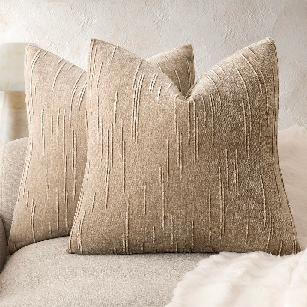 Foindtower Pack of 2 Slubby Textured Chenille Throw Decorative Pillow Covers Square Accent Solid Cushion Cover Neutral Farmhouse Pillow Case for Sofa Bedroom Living Room 18x18 Inch,Dark Olive Green