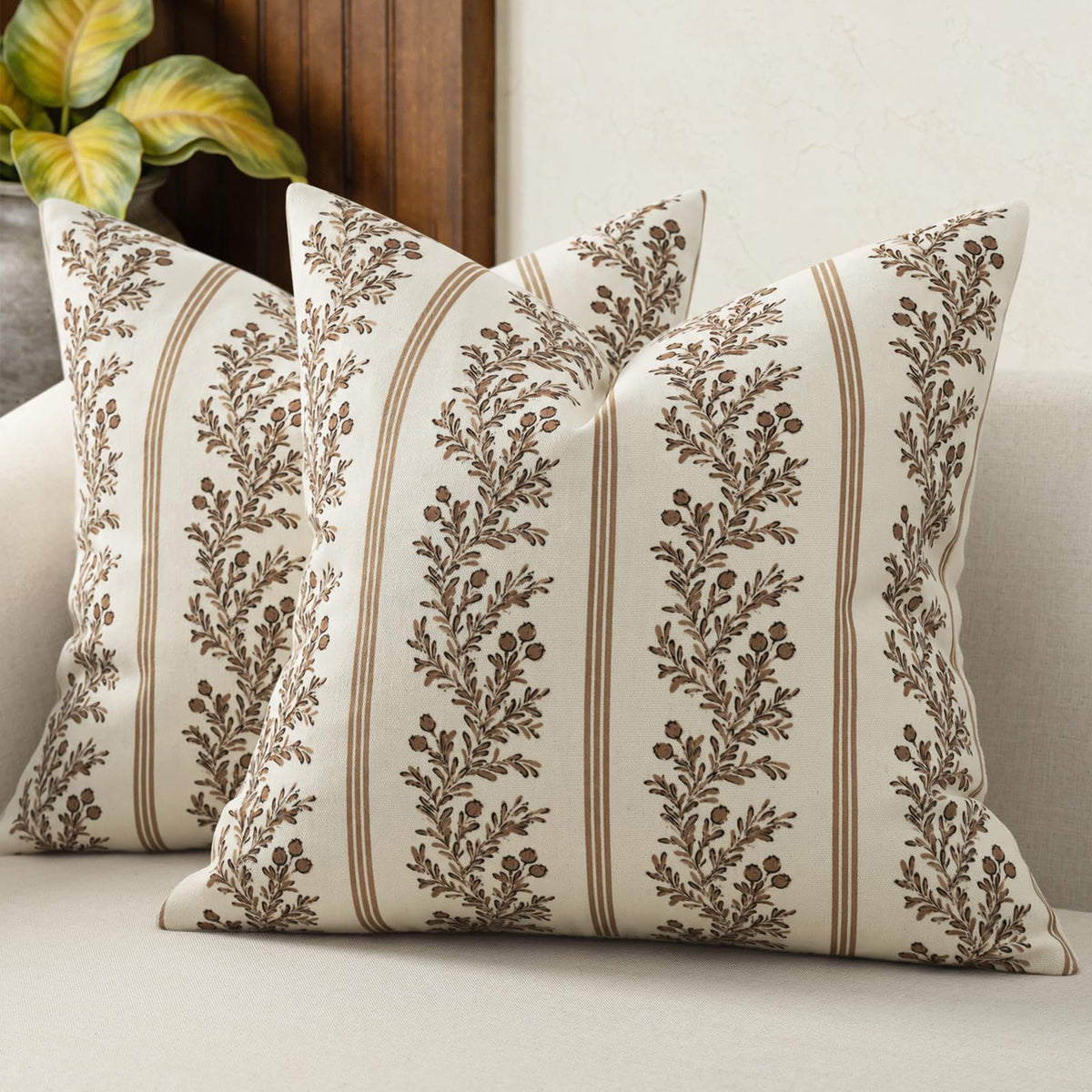 Vintage Throw Pillow Covers 18x18 Set of 2, Striped Floral Pillow Cover Botanical Patterned Decorative Cushion Covers Modern Farmhouse Home Decor for Sofa Couch Bed Living Room, Light Brown