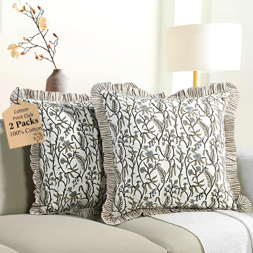 CPC Block Print Ruffle Throw Pillow Cover Emerald Green 20"x20", Pack of 2