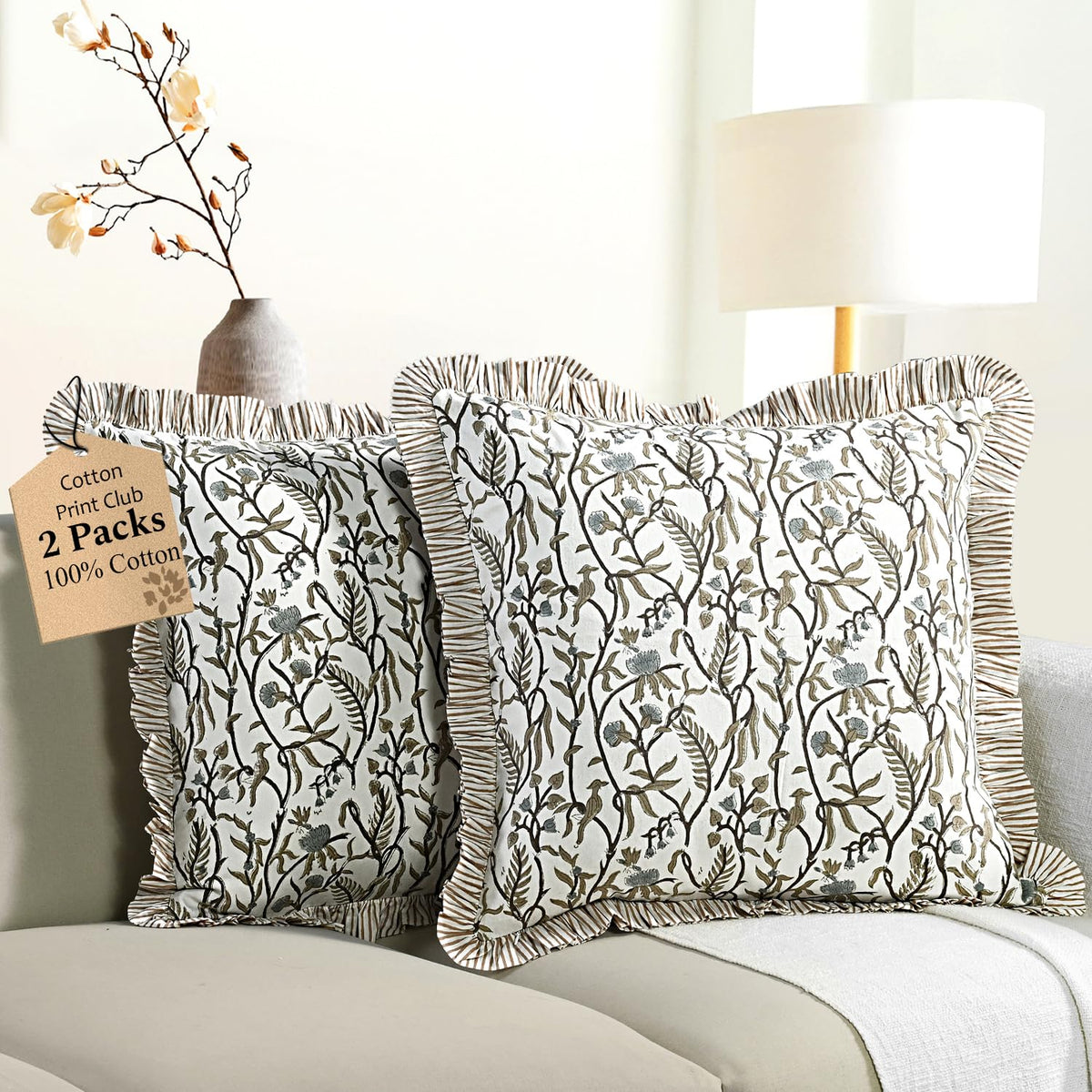 CPC Block Print Ruffle Throw Pillow Cover Emerald Green 20"x20", Pack of 2