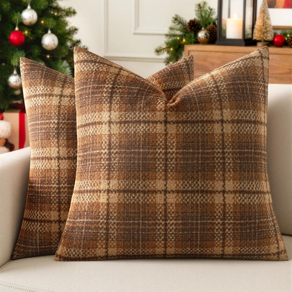 MIULEE Tartan Plaid Throw Pillow Covers Fall 18x18 Inch Coffee Brown