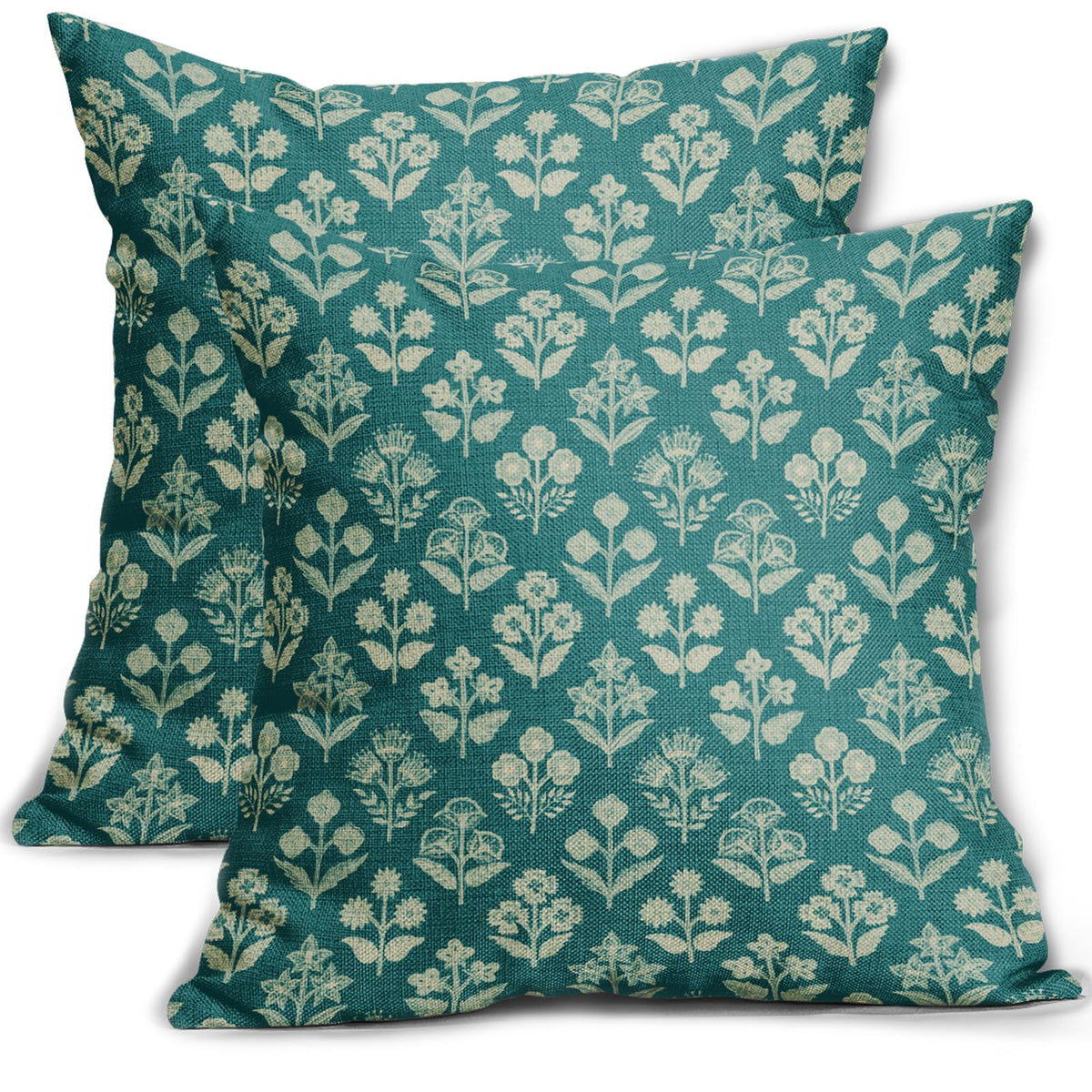Blue Green Block Print Pillow Covers 18x18 Inch Set of 2, Vintage Floral Spring Decorative Throw Pillow Cases Boho Cushion Covers Rustic Decoration Gift Farmhouse Sofa Couch Bed Decor