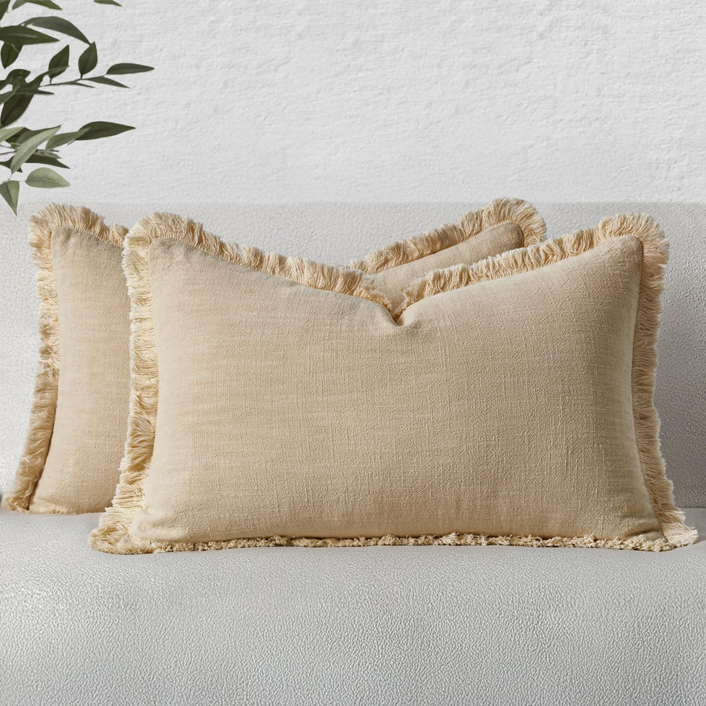 MIULEE Linen Fringe Decorative Throw Pillow Covers Natural Beige 20x20